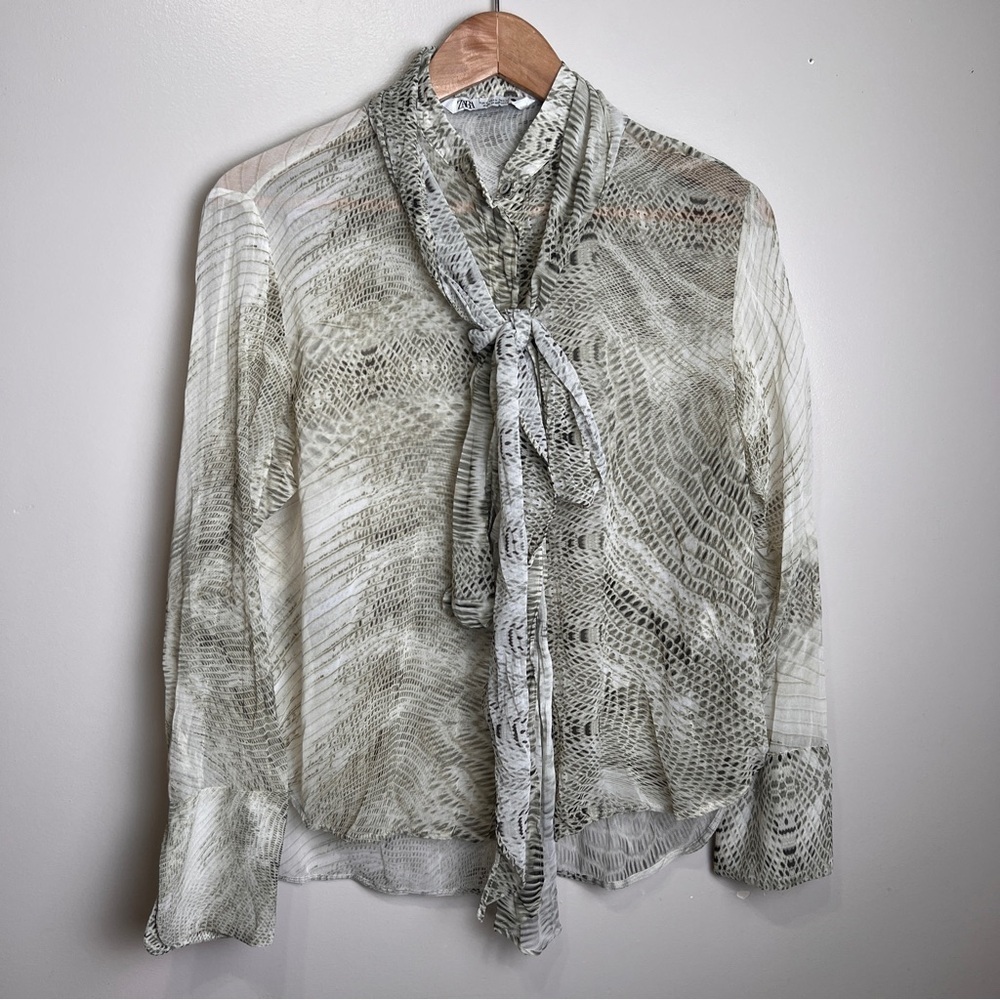 Zara Sheer Snake Print Blouse with Removable Tie Neck Size Small EUC